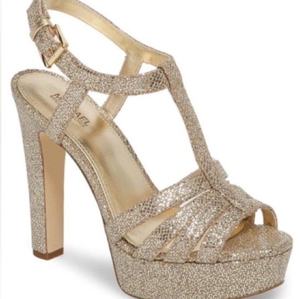 Michael Kors Catalina Gold Glitter T-Strap Block Heel Sandals Open Toe Party - Picture 3 of 8